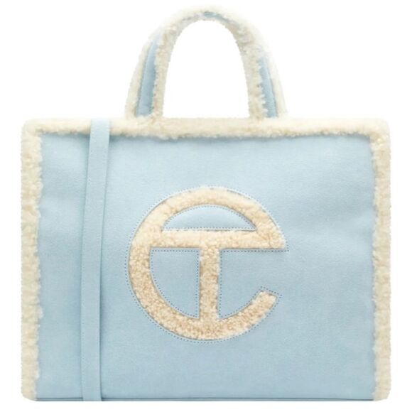 UGG x TELFAR Medium Gender Inclusive Suede and Shearling Shopper Tote Bag — Blue - Picture 1 of 7
